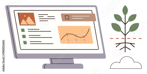 Environmental trends, business analytics, eco-growth, sustainable development, data visualization, research tools. Monitor display showing a data dashboard with a growth chart and tree symbol