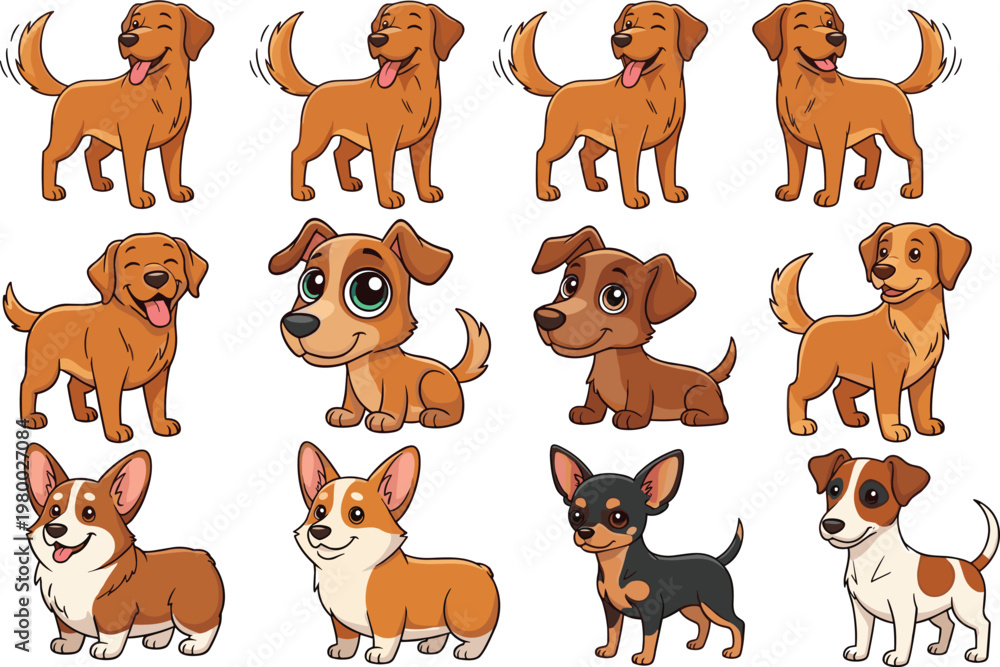 Fototapeta premium Cute Dog Breeds Collection Featuring Chihuahua Pug French Bulldog Dachshund Pomeranian and Mixed Puppies in Flat Cartoon Style Vector Illustration.