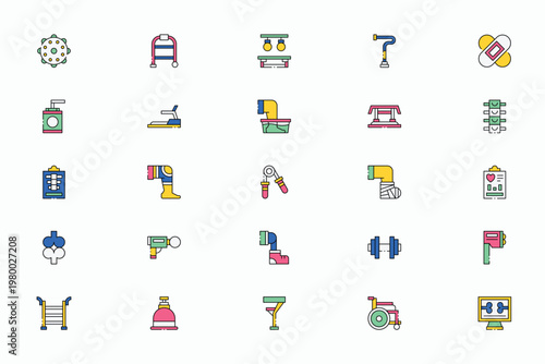 Physiotherapy and medical rehabilitation equipment icons
