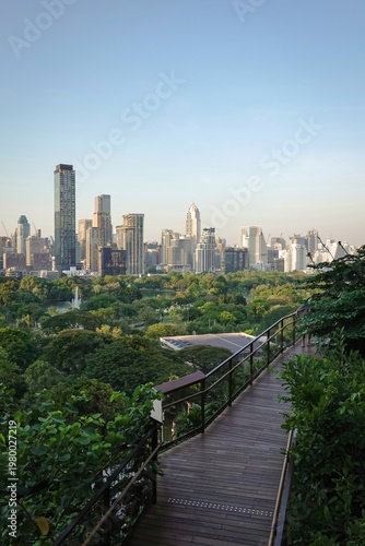 The view of the Bangkok skyline from Lumpini Park shows a lush green urban landscape and modern skyscrapers, including a bridge in Dusit Central Park, Bangkok, Thailand.