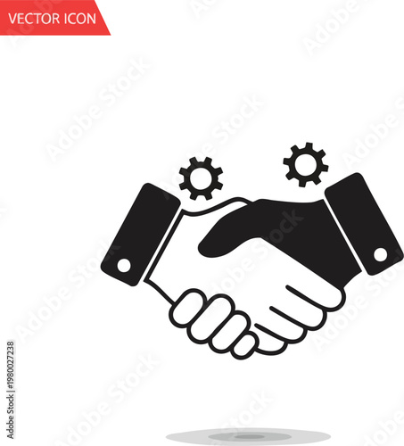 Handshake Icon symbolizing agreement and friendship, with gears indicating a collaborative business partnership