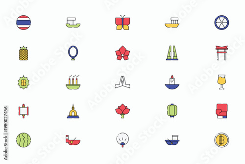 Thailand traditional culture and tourism landmarks line icons