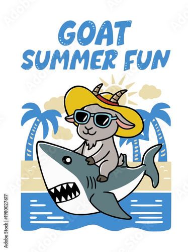 Goat wearing sunglasses summer fun.