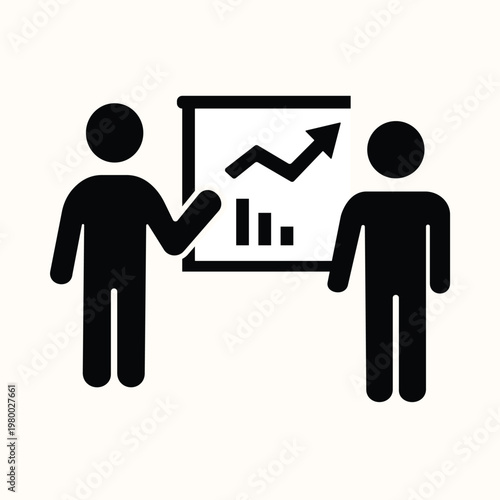 Business presentation icon depicting professional male figure pointing at chart showing growth and progress on whiteboard representing financial analysis corporate training or strategy development.