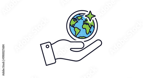 Hand holding a small globe symbol.
