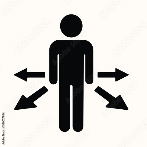 Decision making icon featuring person surrounded by four arrows pointing in different directions representing choices career paths problem solving strategy planning and future navigation options.
