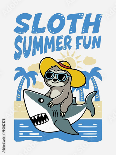Sloth riding shark in sunglasses.