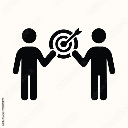 Achievement icon showing two business partners holding bullseye target with arrow in center representing shared goals successful collaboration teamwork precision and meeting performance objectives.