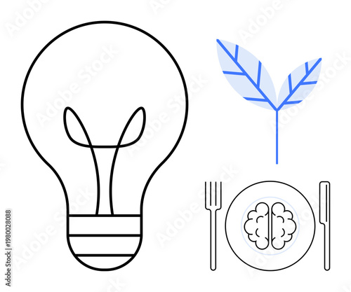Innovation, sustainability, brain health, nutrition, eco-friendly design, creativity. ion of a brain on a plate, a light bulb and a leaf plant. Innovation and sustainability illustration concept