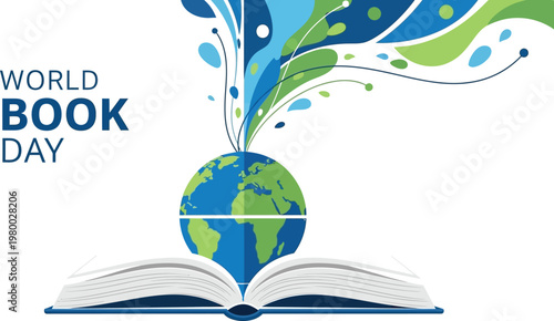 World book day celebration a globe emerging from an open book
