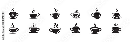 Set of coffee icons hot steaming beverage cup collection morning drink symbol sign cafe restaurant