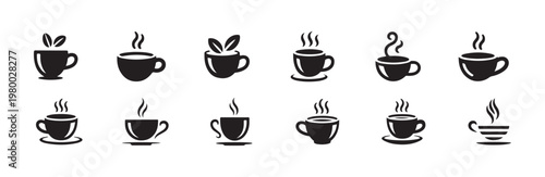 Set of coffee icons hot beverage cup collection morning drink symbol sign with steam and saucer