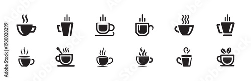 Set of various coffee and tea cup icons with steam indicating hot beverage service
