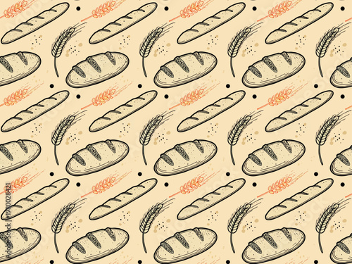  Patrón sin costuras con pan y espigas en estilo artesanal.
