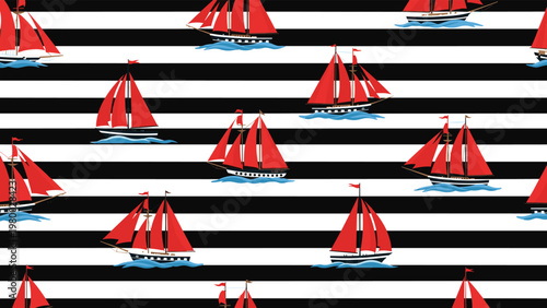 Classic nautical pattern featuring red sailing ships with multiple masts sailing over blue waves on a bold black and white striped background.