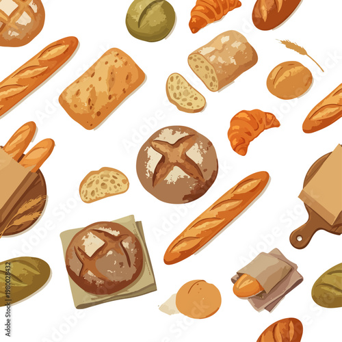  Patrón sin costuras con pan, baguettes y bollería en tonos cálidos.
