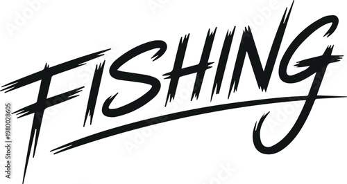 Handwritten word FISHING with brush strokes and underline on white background