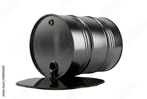 Foto Black oil barrel leaking liquid side view isolated