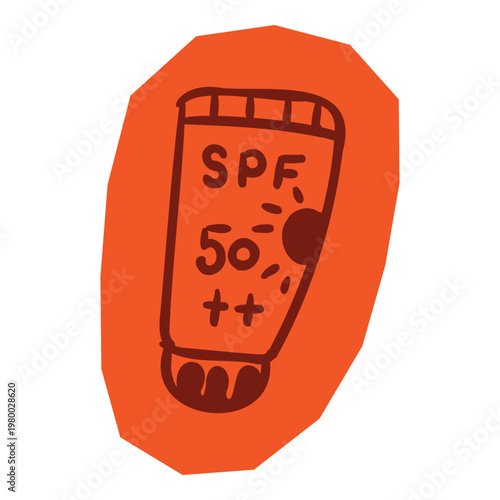 Hand drawn sunscreen tube with SPF 50 plus on orange sticker border for scrapbook and journal. Vector illustration design.