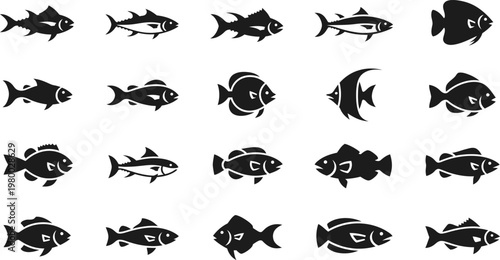 Collection of twenty black fish on a white background silhouette