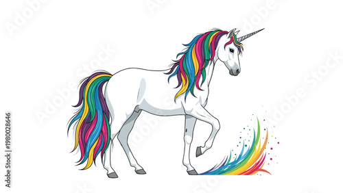 Majestic white unicorn standing proudly featuring a vibrant flowing rainbow mane and tail with colorful trail effects.