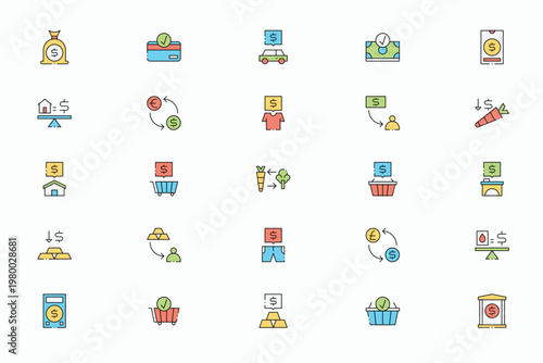 Finance economy and money transaction flat line icons.