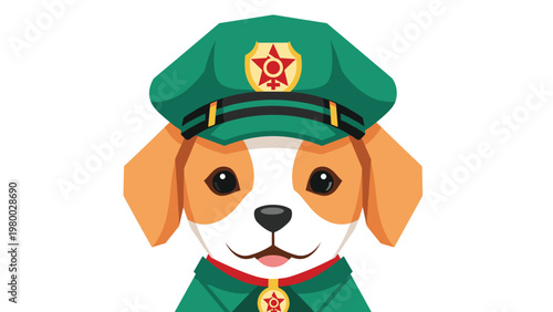 Cute beagle puppy character dressed in a green service officer uniform with a matching cap featuring a gold emblem.