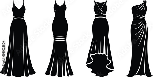 Four black silhouette evening gowns with white accents on white background black dress fashion formal wear