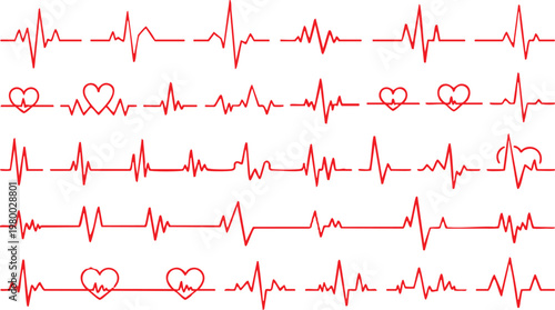 Red heartbeat line collection with heart symbol, cardiology, medical pulse, ECG, EKG design, healthcare clipart vector illustration, health monitoring, digital heartbeat graphics