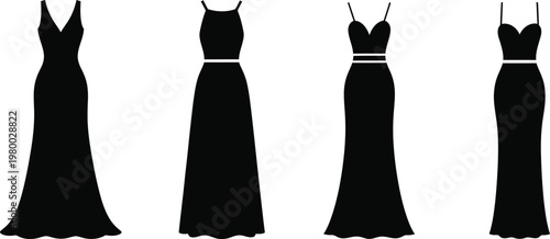 Four black silhouette evening gowns with different necklines and waist details dress fashion