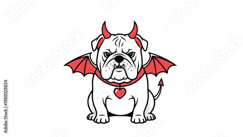 Grumpy bulldog character humorously dressed in a devil costume featuring red horns, bat wings, and a red heart collar.