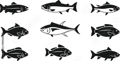 Nine black silhouette of various fish species on a white background fish silhouette black and white seafood