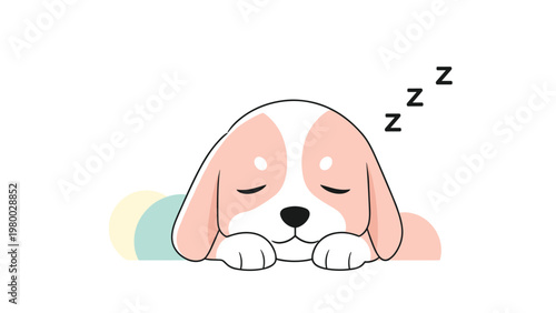 Peaceful illustration of a cute beagle puppy sleeping soundly with eyes closed and snoring symbols on a clean background.