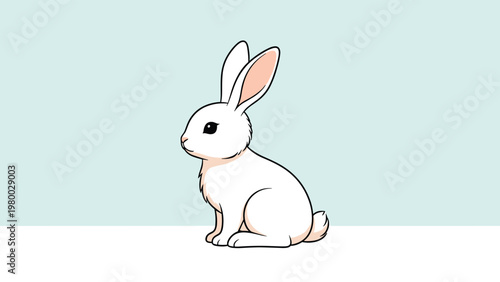 Simple and clean illustration of a fluffy white rabbit sitting peacefully against a soft light blue and white background.