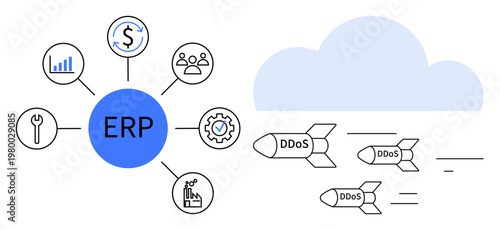 Business security, IT infrastructure, system protection, cyberattacks, enterprise planning, cloud solutions. ERP hub with icons linked to business processes. IT infrastructure and system protection