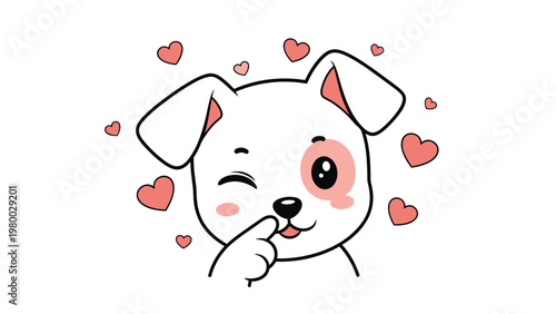 Playful white puppy character winking and holding a paw to its face while surrounded by floating pink and red hearts.