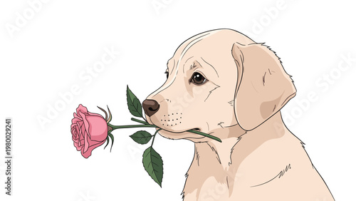 Gentle golden labrador retriever puppy illustration holding a beautiful pink rose flower delicately in its mouth.