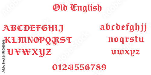 Decorative Old English gothic alphabet typography set with uppercase lowercase letters and numbers vector illustration