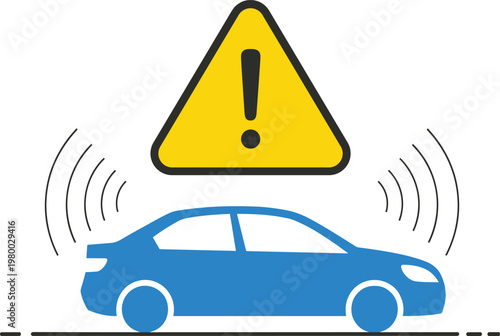 Safety warning sign over vehicle silhouette with radar waves indicating collision avoidance system.