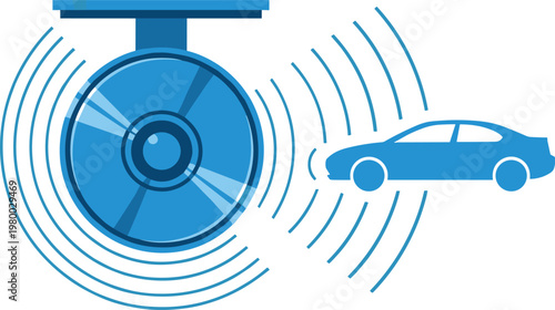 Sensor detecting autonomous car with radar waves and wifi signal showing connection and alert system.