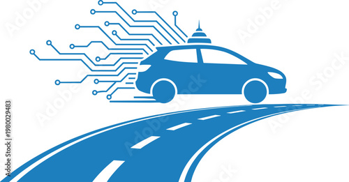 Self driving vehicle moving on curved road with electronic circuit board traces showing connectivity.
