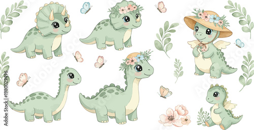 Collection of cute cartoon animals and funny monsters featuring a baby dinosaur vector illustration set