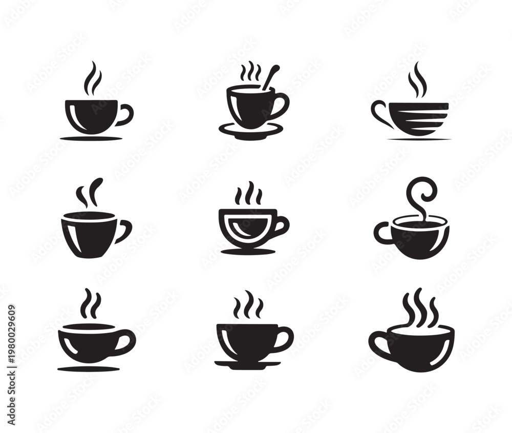 Obraz premium Black and white vector collection of hot beverage cups with rising steam for coffee shop branding