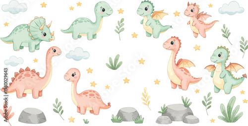 Collection of cute cartoon animals and funny monsters featuring a baby dinosaur vector illustration set