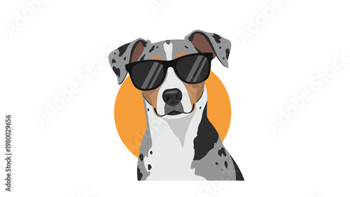 Cool dog with grey and white spots wearing black sunglasses and looking forward on an orange circle background.