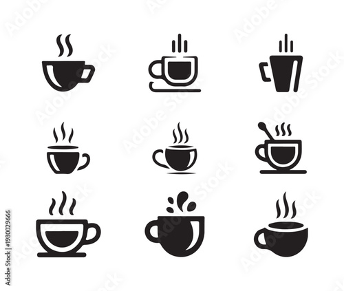 Abstract coffee cup line art featuring various handle shapes and fluid steam cloud representations