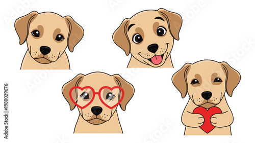 Set of four adorable golden retriever puppy faces with various expressions including happy, curious, and loving.