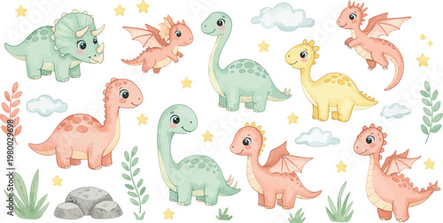 Funny cartoon vector illustration of a wild baby dinosaur with a chicken and eggs, a yellow Easter bunny, and a green snake in a blue nature zoo