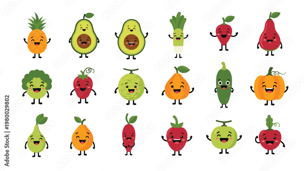 Obraz premium Collection of cute cartoon fruit and vegetable characters with cheerful smiling faces and tiny limbs including avocado, melon, and pineapple.