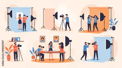 Professional photography studio scenes showing photographers using cameras and lighting equipment to capture models and artistic subjects.